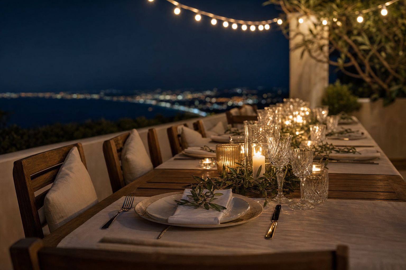 Table dressée sur une terrasse de Marbella, la nuit