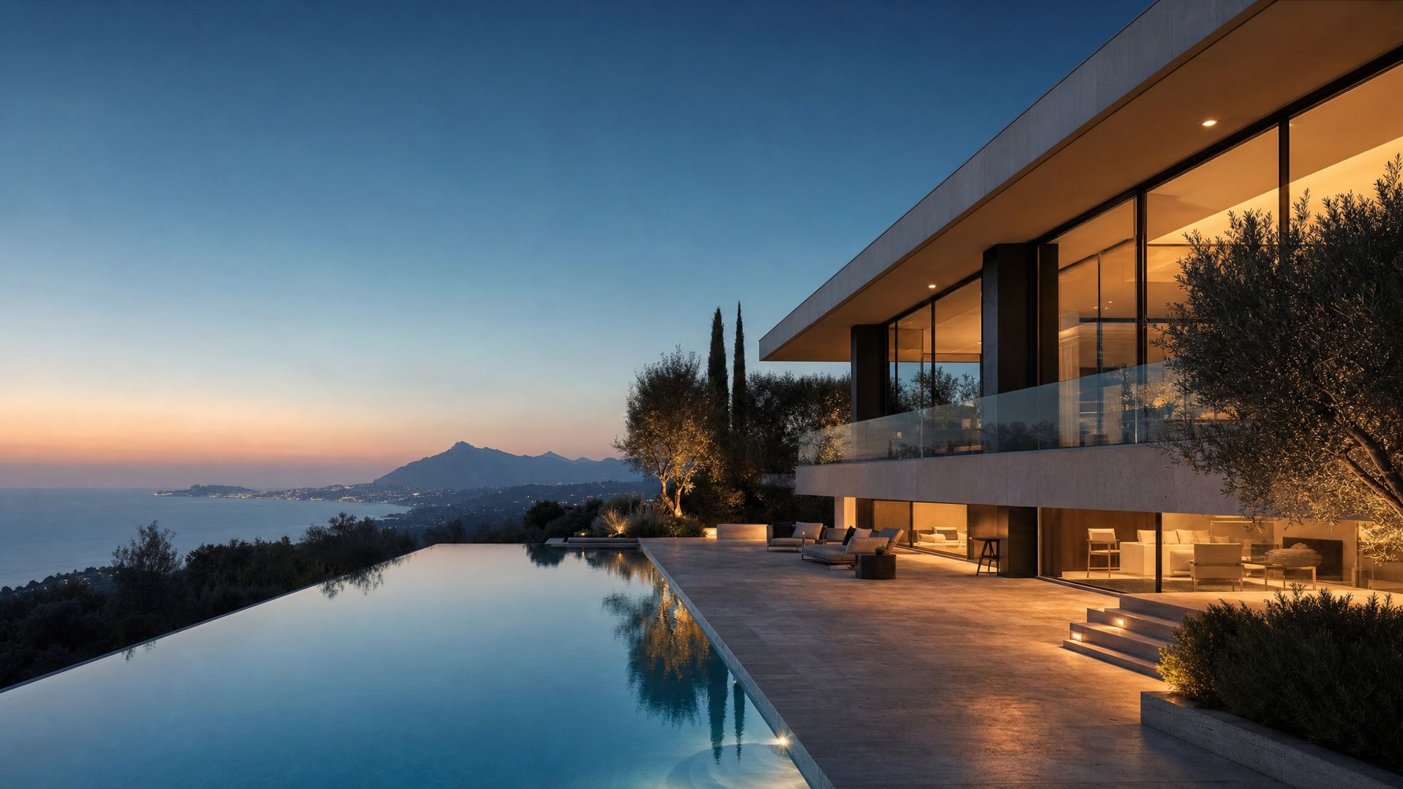 Villa contemporaine sur les hauteurs de Marbella au crépuscule