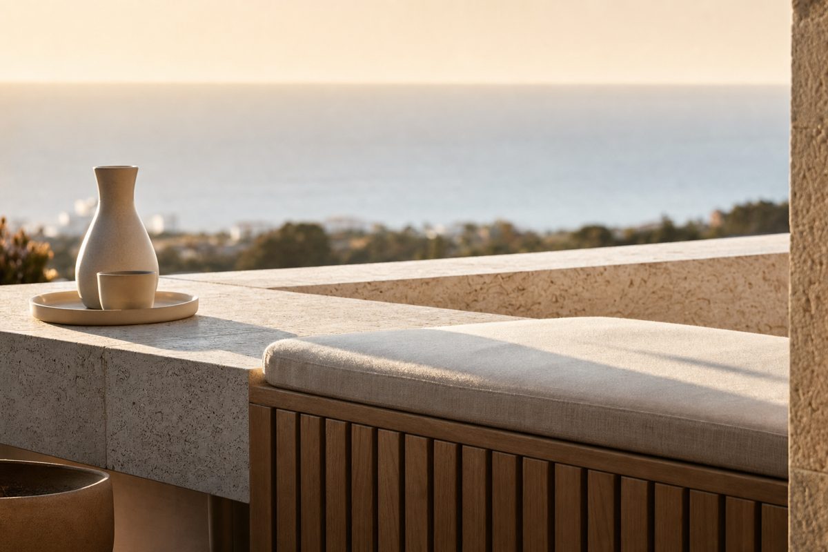 Terrasse d'une villa à Marbella, pierre et bois à la lumière du soir