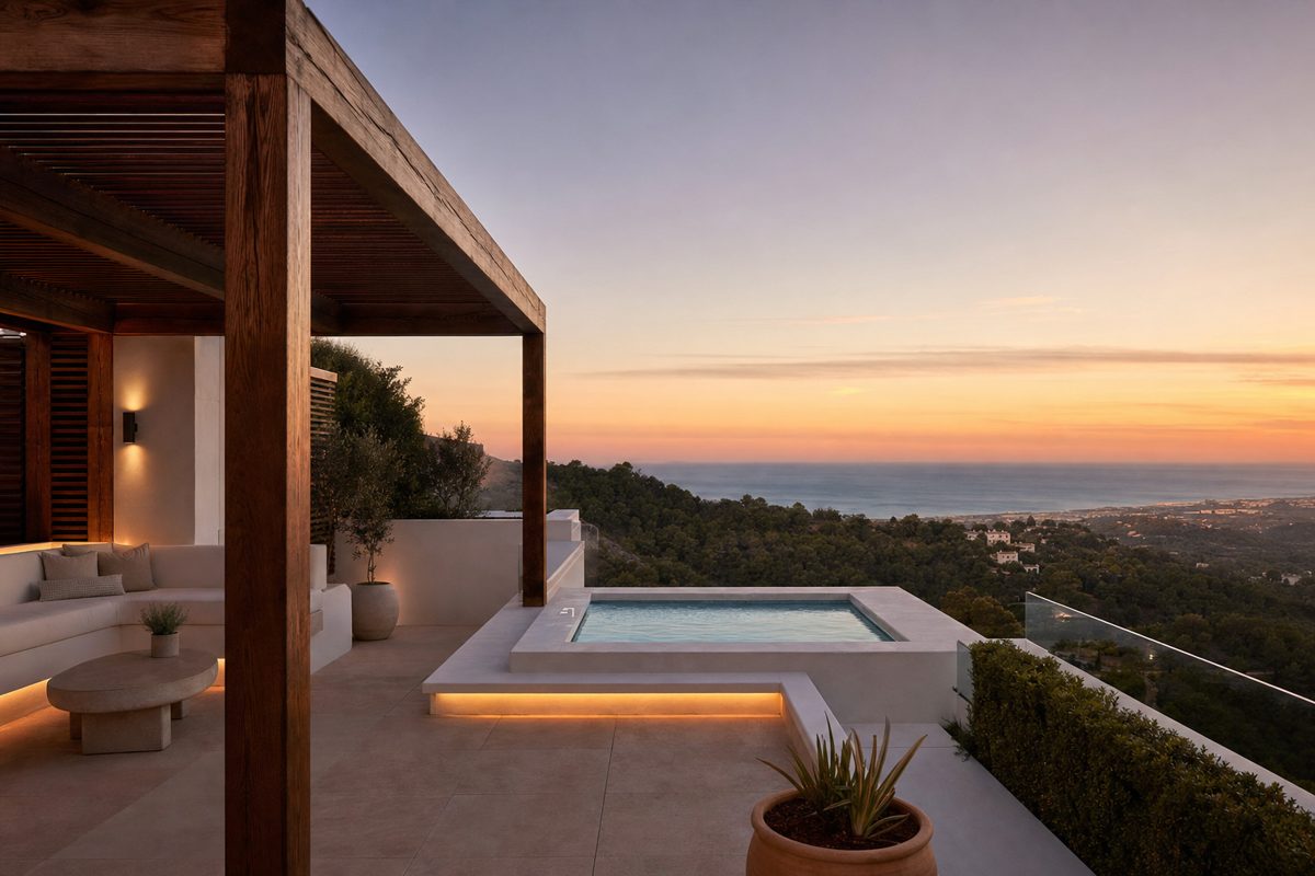 Terrasse d'un penthouse à La Mairena au coucher du soleil